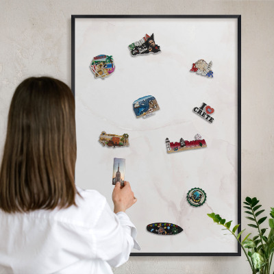 Metal wall board for magnets in a black frame Marble elegance