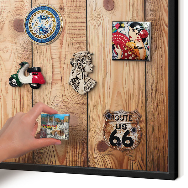 Vacation magnet board with a black frame Wooden boards