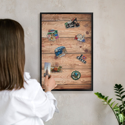 Vacation magnet board with a black frame Wooden boards