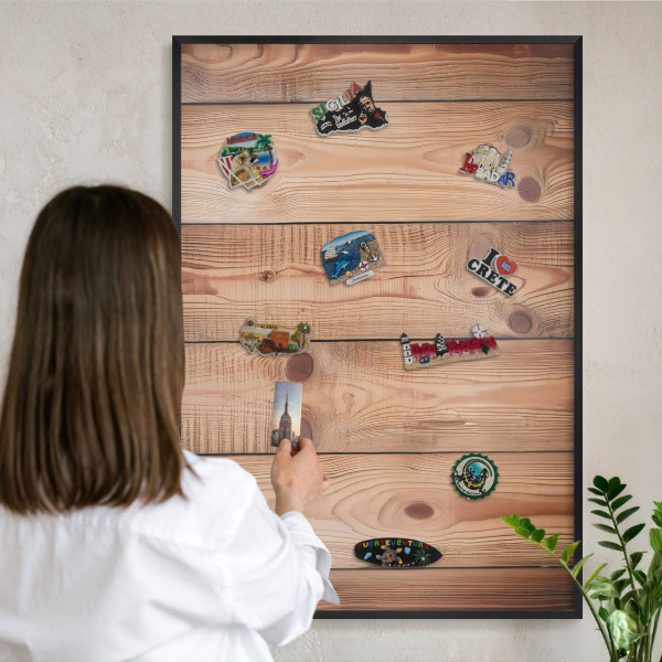 Vacation magnet board with a black frame Wooden boards