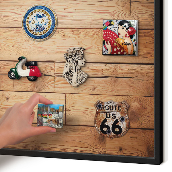 Metal wall board for magnets in a black frame Wooden boards