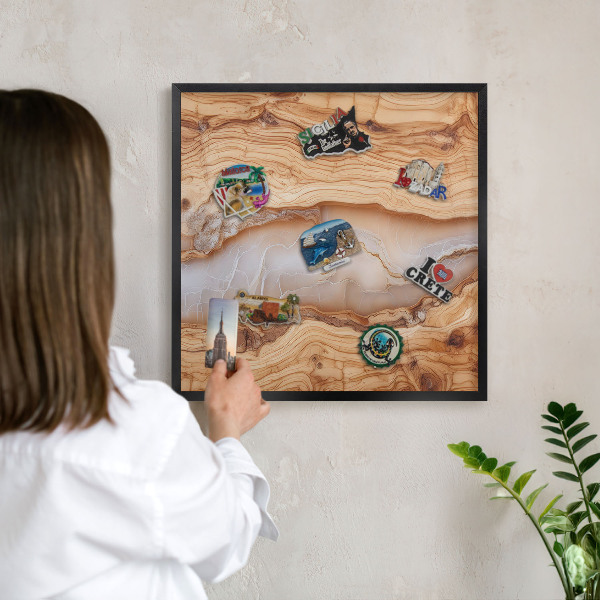 Vacation magnet board with a black frame Wooden elegance