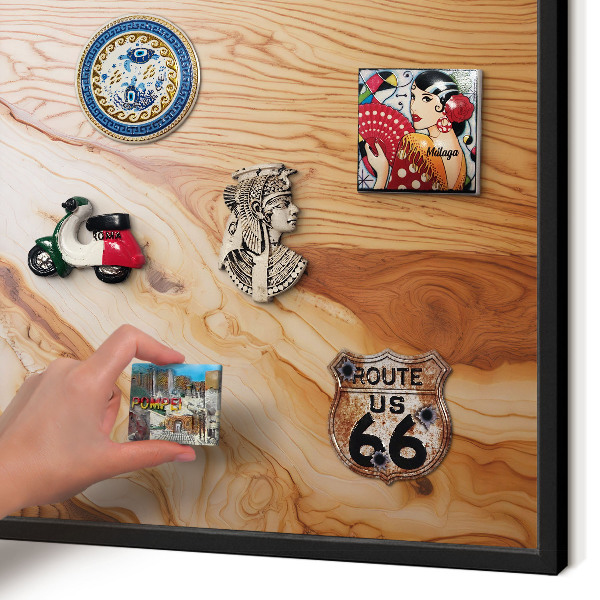 Metal wall board for magnets in a black frame Wooden texture