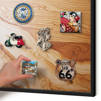 Metal wall board for magnets in a black frame Wooden texture