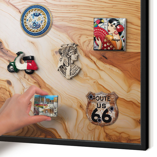 Metal wall board for magnets in a black frame Wooden texture