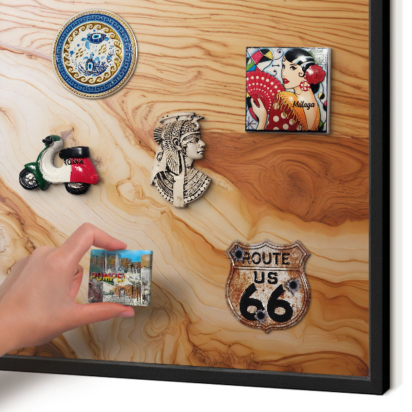 Metal wall board for magnets in a black frame Wooden texture