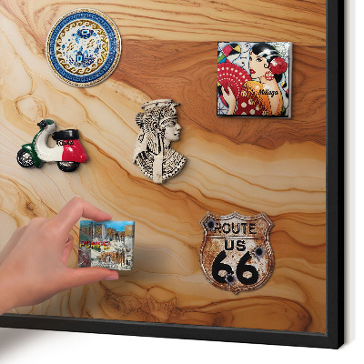 Metal wall board for magnets in a black frame Wooden texture