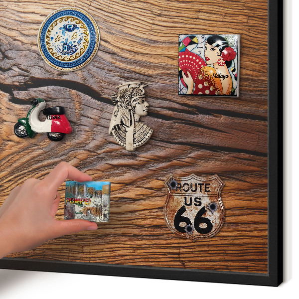 Vacation magnet board with a black frame Wood texture