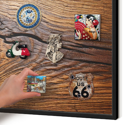 Vacation magnet board with a black frame Wood texture