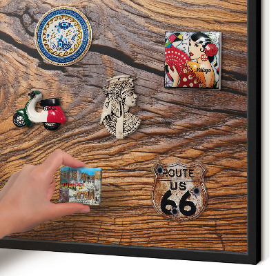Vacation magnet board with a black frame Wood texture