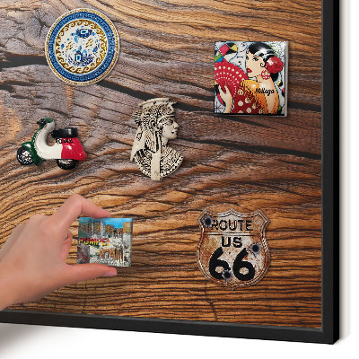Vacation magnet board with a black frame Wood texture