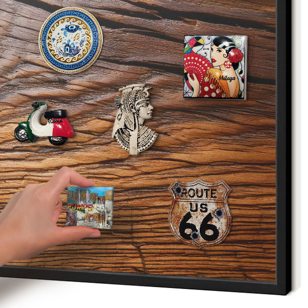 Vacation magnet board with a black frame Wood texture
