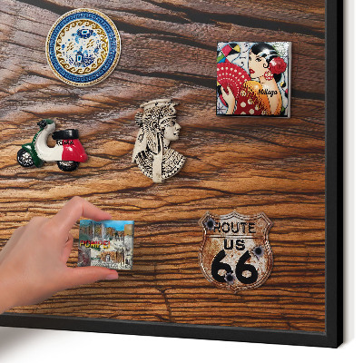 Vacation magnet board with a black frame Wood texture
