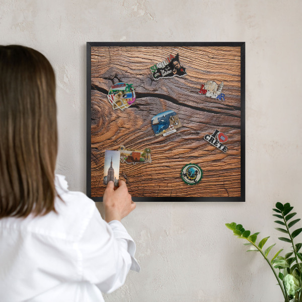 Vacation magnet board with a black frame Wood texture