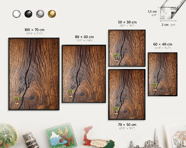 Vacation magnet board with a black frame Wood texture