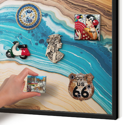 Metal wall board for magnets in a black frame Earth's layers