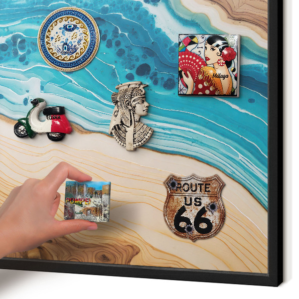 Metal wall board for magnets in a black frame Earth's layers