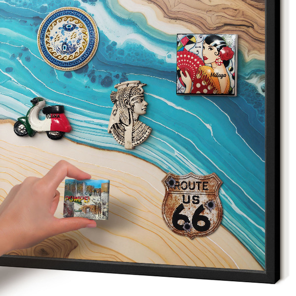 Metal wall board for magnets in a black frame Earth's layers