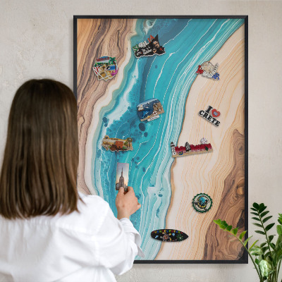 Metal wall board for magnets in a black frame Earth's layers