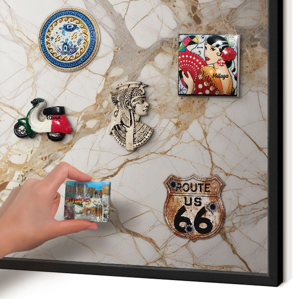 Vacation magnet board with a black frame Marble elegance