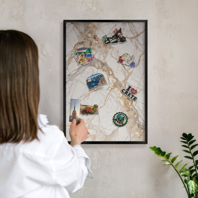 Vacation magnet board with a black frame Marble elegance