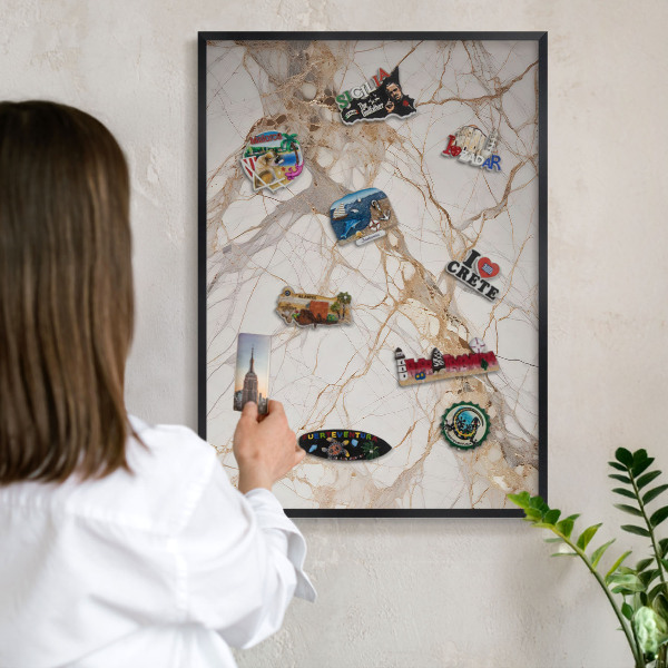 Vacation magnet board with a black frame Marble elegance
