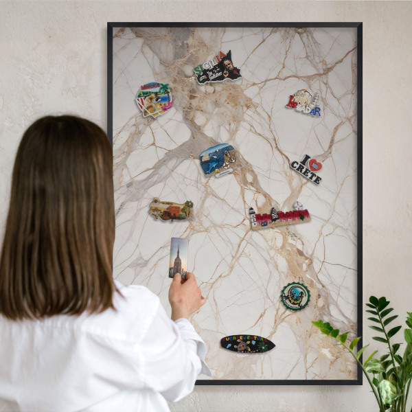 Vacation magnet board with a black frame Marble elegance