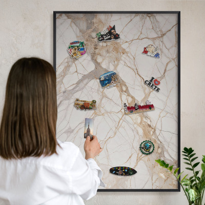 Vacation magnet board with a black frame Marble elegance