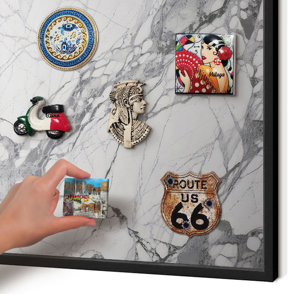 Metal wall board for magnets in a black frame Marble elegance