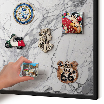 Metal wall board for magnets in a black frame Marble elegance