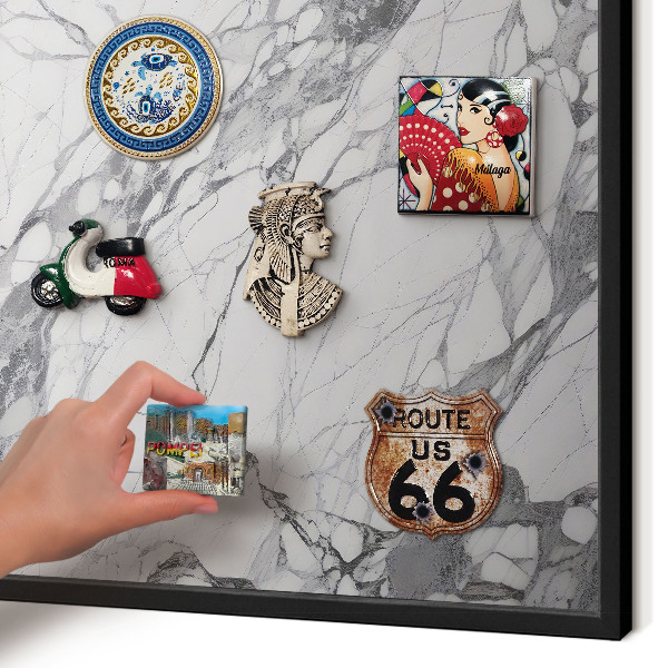 Metal wall board for magnets in a black frame Marble elegance