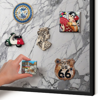Metal wall board for magnets in a black frame Marble elegance