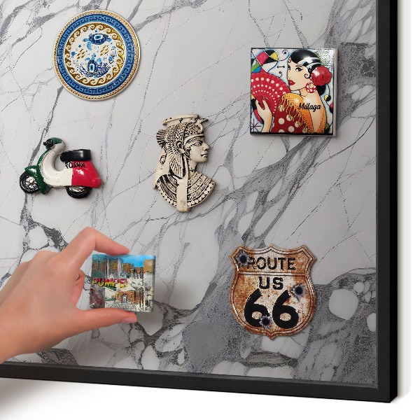 Metal wall board for magnets in a black frame Marble elegance