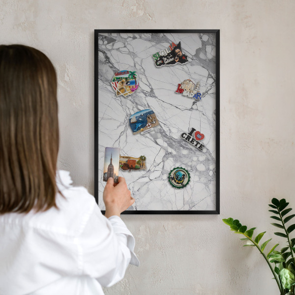 Metal wall board for magnets in a black frame Marble elegance