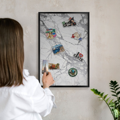 Metal wall board for magnets in a black frame Marble elegance