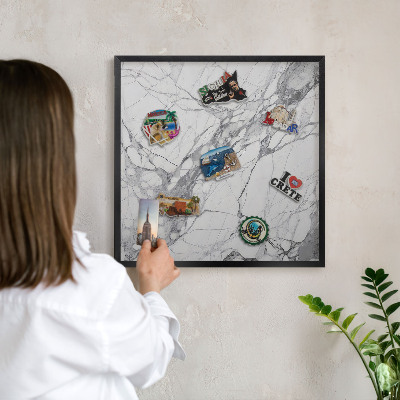 Metal wall board for magnets in a black frame Marble elegance