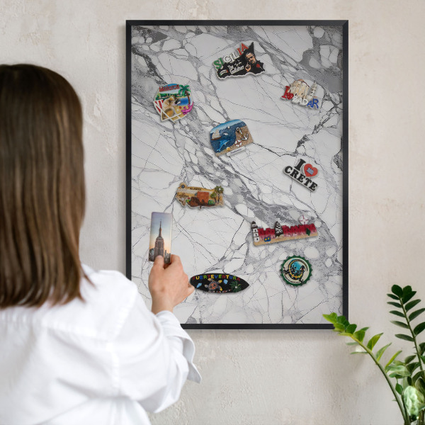 Metal wall board for magnets in a black frame Marble elegance