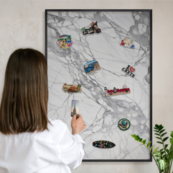 Metal wall board for magnets in a black frame Marble elegance