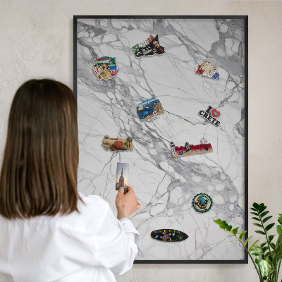Metal wall board for magnets in a black frame Marble elegance