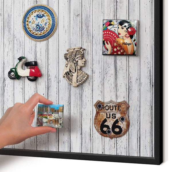 Metal wall board for magnets in a black frame Light wood