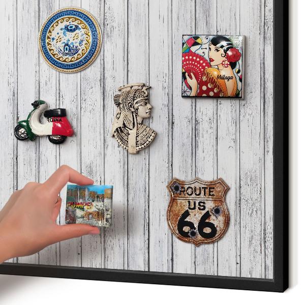 Metal wall board for magnets in a black frame Light wood