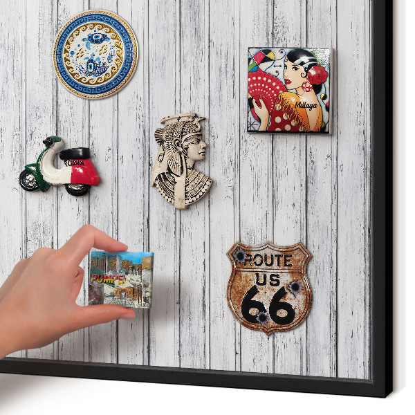 Metal wall board for magnets in a black frame Light wood