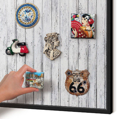 Metal wall board for magnets in a black frame Light wood