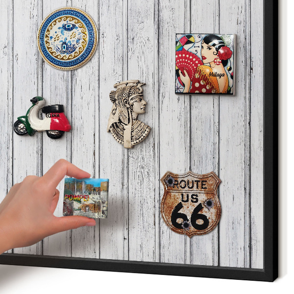 Metal wall board for magnets in a black frame Light wood