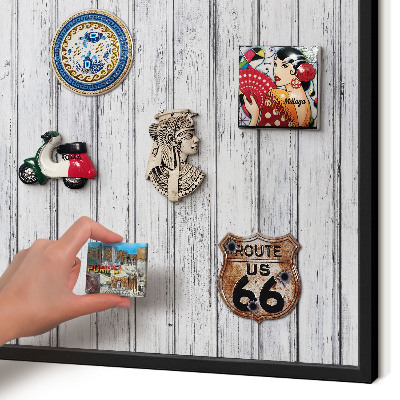 Metal wall board for magnets in a black frame Light wood