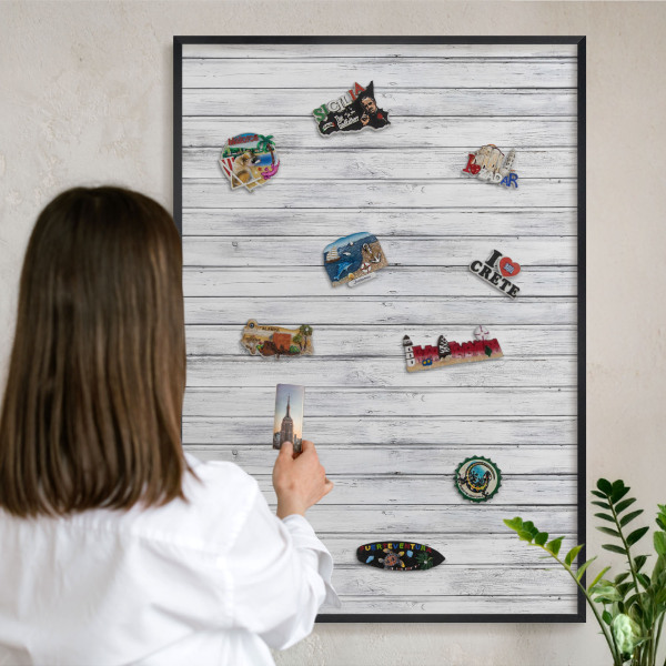 Metal wall board for magnets in a black frame Light wood