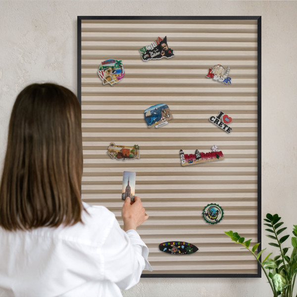 Vacation magnet board with a black frame Wooden slats