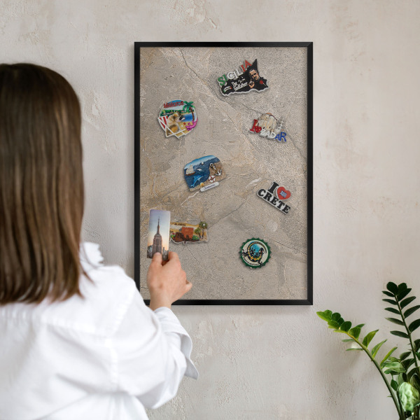 Metal wall board for magnets in a black frame Beige stone