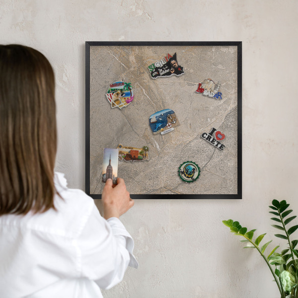 Metal wall board for magnets in a black frame Beige stone