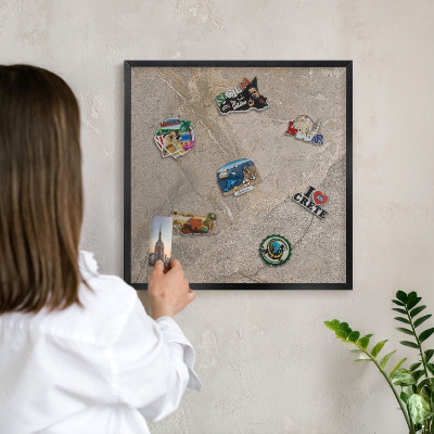 Metal wall board for magnets in a black frame Beige stone
